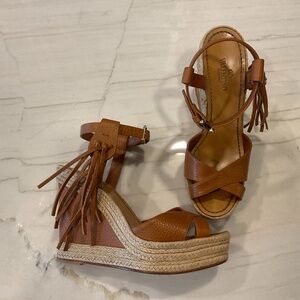 Valentino Garavani Tan Leather Tassel Espadrille Platform Wedge Sandals, Size 39